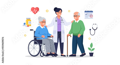 Elderly Care and Geriatric Healthcare Support with Doctor and Senior Patients, Including Wheelchair User, Surrounded by Medical Icons