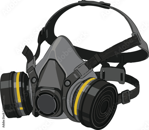 Professional industrial respirator mask for safety and personal protection during hazardous tasks, featuring filters and adjustable straps, isolated vector illustration on a clean white background