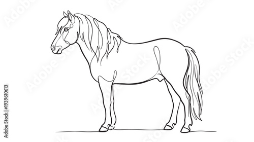 A minimalist single-line drawing of a horse standing in profile, showcasing its majestic form and flowing mane