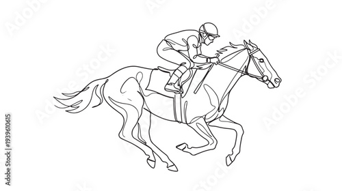 Dynamic continuous line art illustration capturing a jockey and racehorse in full gallop, depicting speed and motion in a thrilling equestrian competition vector graphic