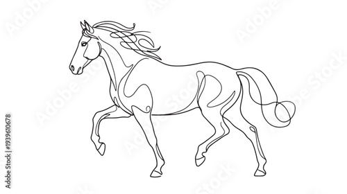 Elegant Line Art of a Galloping Horse with Flowing Mane and Tail, Isolated on White Background