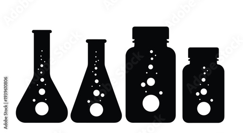Collection of four laboratory flask and bottle silhouettes containing bubbling liquid for experimental science concepts.