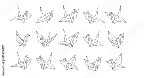 Grid arrangement of fifteen delicate origami cranes shown from various angles as intricate line drawings for paper art.