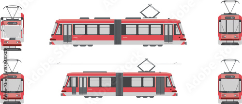 Modern city tram train public transport vehicle set front and side view urban railway light rail vector illustration collection