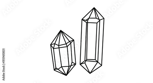Twin geometric crystal outlines drawn with precise black lines suitable for coloring or minimal graphic design elements.
