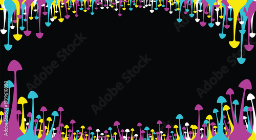 Artistic border frame made of various colorful mushrooms in pink and yellow hues surrounding a central black space.