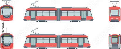 Modern city tram train public transport vehicle set front rear and side view urban light rail vector illustration collection