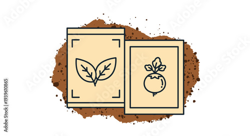 Two garden seed packets featuring leaf and radish icons placed over a textured brown soil patch for planting themes.