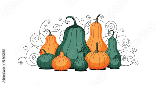 Collection of autumn pumpkins and squashes in orange and green tones with decorative swirling vines for fall harvest.