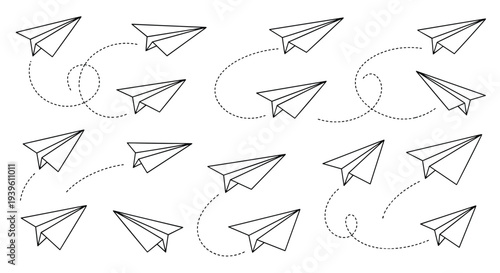 Fleet of white paper airplanes flying in various directions with dotted lines showing their playful flight paths.