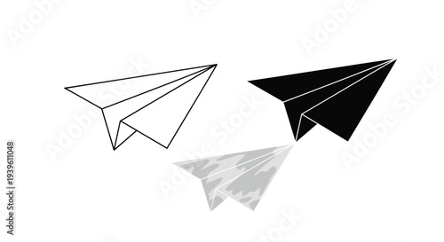 Group of three paper airplanes illustrated in different graphic styles including a simple line drawing, a solid black silhouette, and grey.