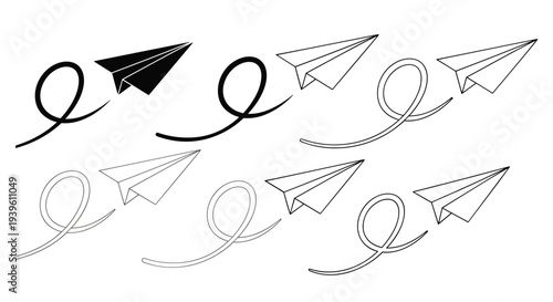 Set of several paper airplanes flying with decorative looped paths shown in various artistic styles such as line art, silhouettes, and grey.