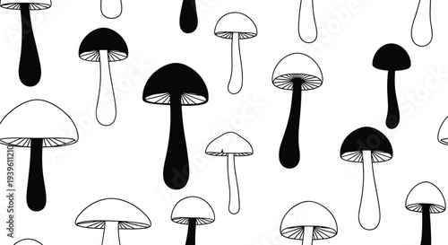 Decorative pattern design consisting of various mushrooms shown in different styles such as thin line drawings and solid black filled silhouettes.