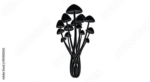 Detailed solid black silhouette of a dense cluster of mushrooms of varying sizes with tall stems and rounded caps against a white background.