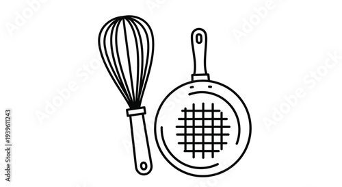 Simple line art drawing of essential kitchen cooking tools featuring a wire whisk and a round frying pan with handles on a white background.