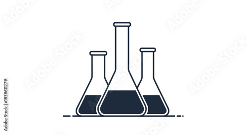 Simple line art illustration of three laboratory flasks with thin necks filled with dark liquid standing on a flat horizontal line base.