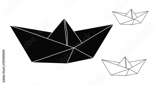 Three origami paper boats of different sizes with the largest being a solid black silhouette and the two smaller ones being simple line drawings.
