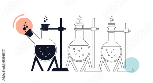 Laboratory chemistry equipment with various glass flasks and test tubes on stands featuring bubbles and subtle color accents.
