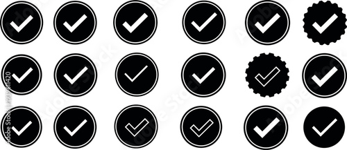 Check mark icon set in circular badges and seals, approval verification symbols collection for success, confirmation, quality guarantee, and validation design