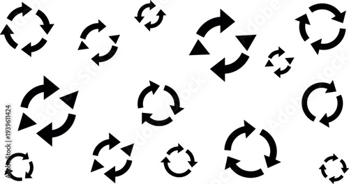 Circular arrow refresh and recycle icon set, rotation loop symbols collection for update, reload, synchronization, recycling process, and workflow cycle concept design