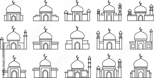 Collection of mosque outline icons with Islamic dome and crescent architecture, minimal line style Ramadan and Eid religious building symbols set for cultural design