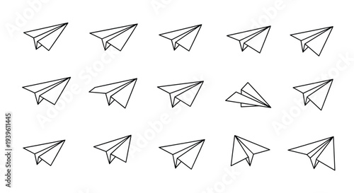 Large collection of paper airplanes in various positions and angles arranged in a grid pattern on a white background.