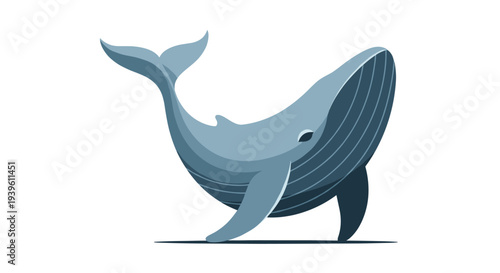 Blue whale swimming gracefully in a stylized illustration with layered shades of blue against a clean white background.