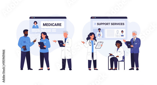 Diverse Healthcare Team Explaining Medicare and Support Services. Medical Professionals Assisting Patients with Health Insurance and Care Programs.