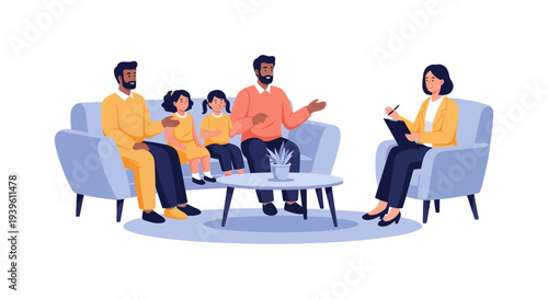 Family Therapy Session Illustration: Parents and Children Consult a Professional Counselor for Mental Health and Relationship Support