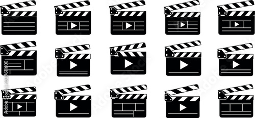 Movie clapperboard icon set with play button symbols, cinema film production slate collection for video editing, filmmaking, media content, and entertainment design