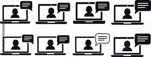 Online communication laptop icons with user profile and chat bubbles, remote conversation and messaging concept set for virtual meeting, customer support, and digital communication