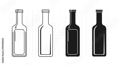 Four styles of glass bottles shown as simple outlines, silhouettes, and partially filled versions in black and white.