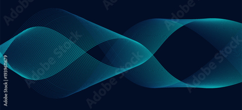 Abstract blue technology background with flowing cyan wave lines. Futuristic digital curve made of thin glowing lines on dark navy backdrop. Modern data wave, sound signal or big data concept.