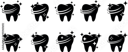 Shiny clean tooth icon set with sparkle and ring elements, dental care hygiene symbols collection for dentist clinic, oral health, whitening, and medical design