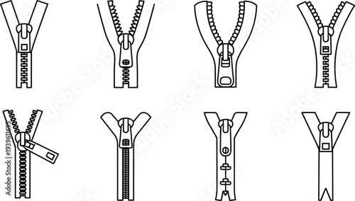 Zipper line icon set clothing zip fastener open closed garment tailoring sewing accessory fashion vector illustration collection isolated
