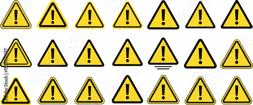 Set of yellow warning triangle icons with exclamation mark, hazard caution signs collection for safety alerts, danger notifications, construction, industrial and risk awareness design