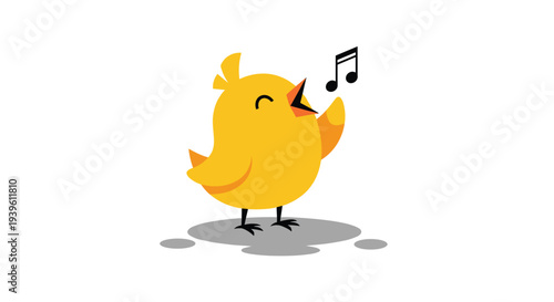 Cute little yellow chick singing with its beak wide open and musical notes above its head in a fun cartoon style.