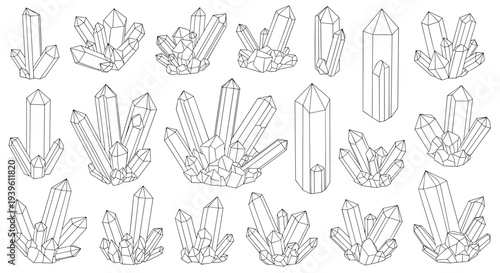 Large collection of diverse crystal clusters and minerals illustrated in a minimalist black and white line art style.