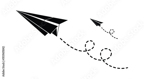 Two solid black paper airplanes flying with dashed line flight trails representing speed and motion in a minimalist style.