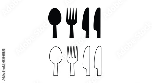 Set of cutlery including spoon, fork, and knife shown as both solid black silhouettes and simple thin line outlines.