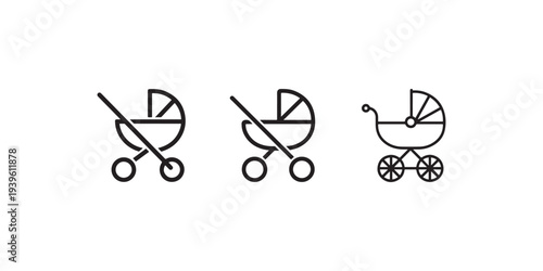 Baby stroller icons set, simple line art illustrations of prams for infant transport, black outlines on white background
