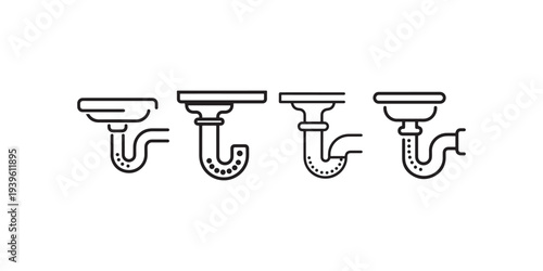 Plumbing sink trap drainage icon set showing different pipe configurations for water flow and sewage system maintenance in clean minimalist outline graphics