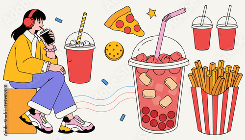 The girl listens to music, drinks soda and eats French fries