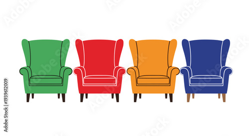 Row of four classic wingback armchairs in vibrant green, red, orange, and blue colors on a clean white background.
