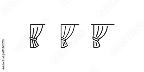 Three stylized curtain icons with tie-backs, representing window coverings and interior decoration elements
