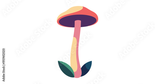 Colorful stylized mushroom illustration with a tall pink stem and a red and purple cap with leaves at the base.