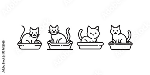 Cats in litter box vector line art icon set, kitten in toilet pan, pet hygiene concept, cartoon animal outline illustration