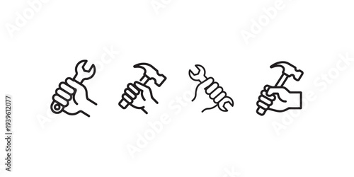 Hands holding wrench and hammer vector line art icons, construction tools in male grip, repair and maintenance symbol set