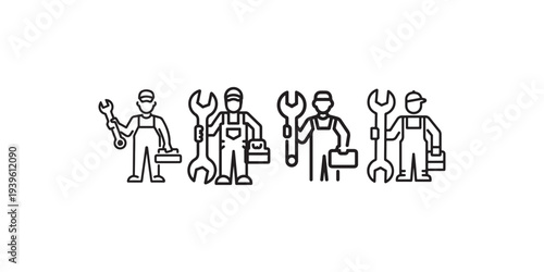 Set of stylized line icons representing workers with tools, repairmen with wrenches and toolboxes, symbolizing service and maintenance operations