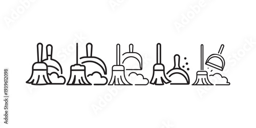 Collection of simple line icons showing brooms and dustpans with dust clouds, representing cleaning, sweeping, and tidiness in homes and offices